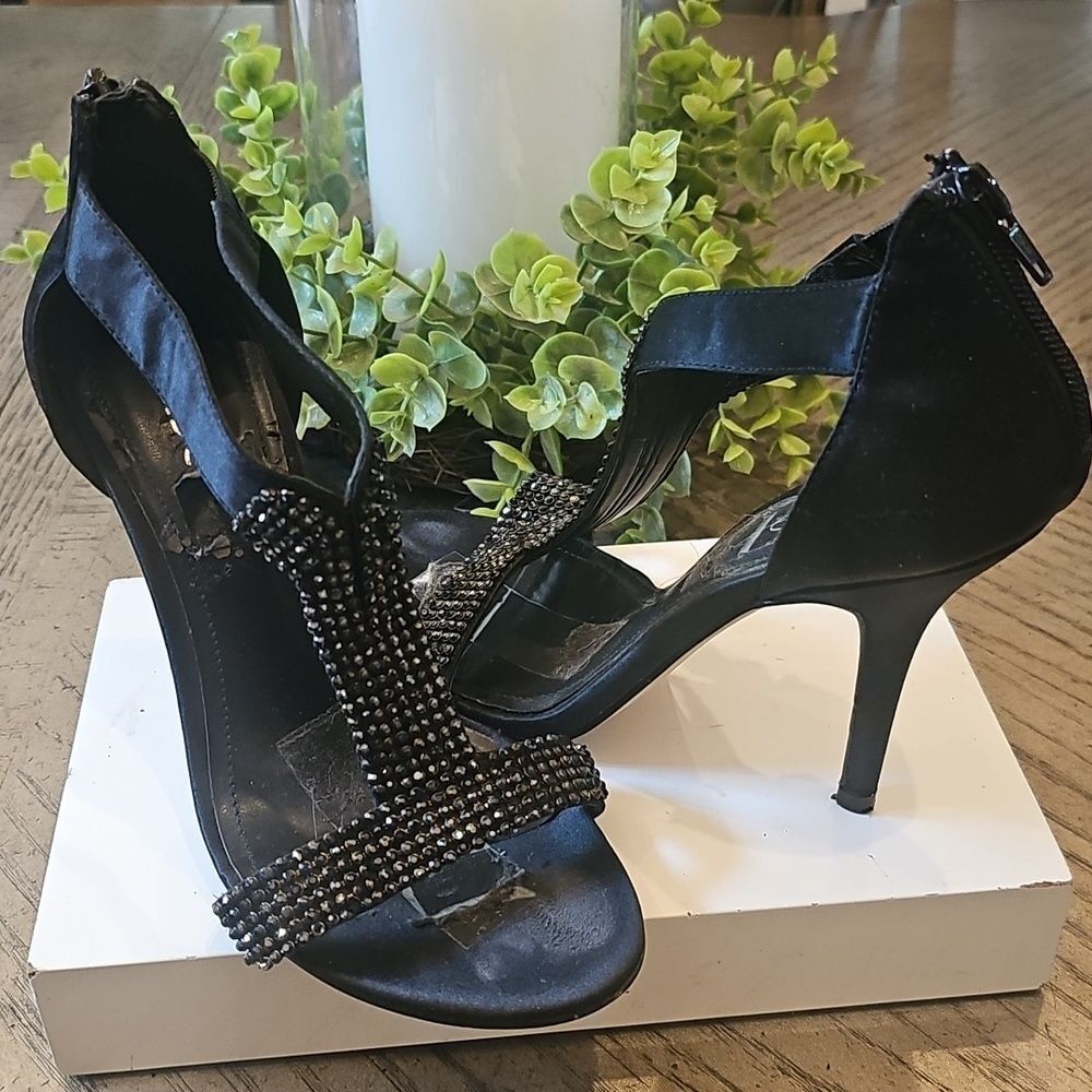 Black Beaded T-Strap Stiletto Heels Size 37 Aldo